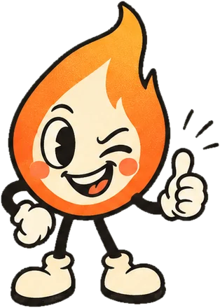 Wick, a cheeky cartoon flame, winking with a thumbs up
